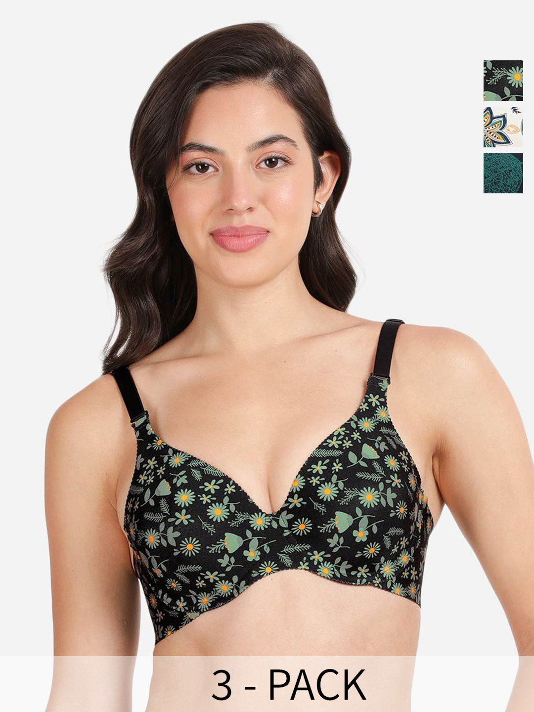 

shyaway Pack of 3 Women Floral Printed Medium Coverage Underwired Lightly Padded Bra, Black