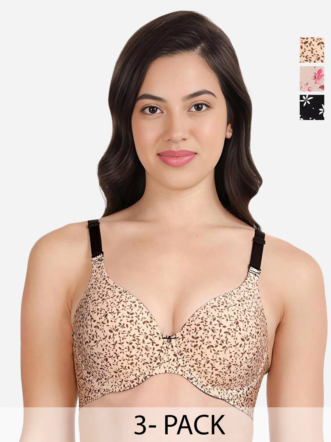 

shyaway Pack of 3 Women Floral Printed Medium Coverage Underwired Lightly Padded Bra, White