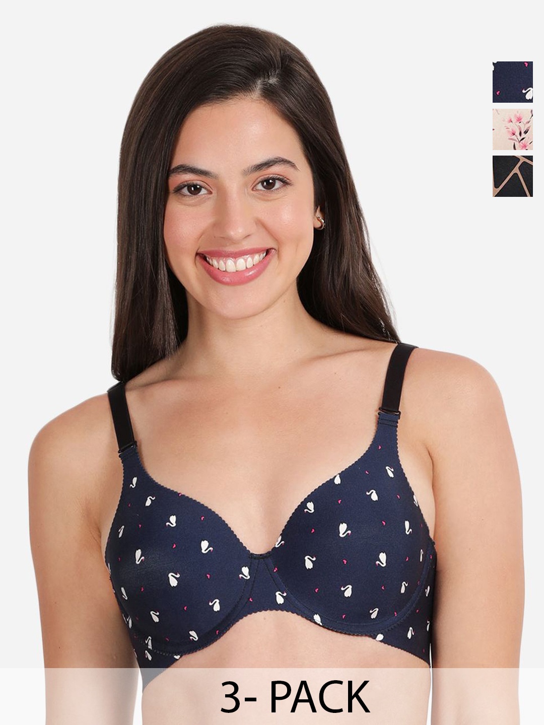 

shyaway Pack of 3 Women Floral Printed Medium Coverage Underwired Lightly Padded Bra, Beige