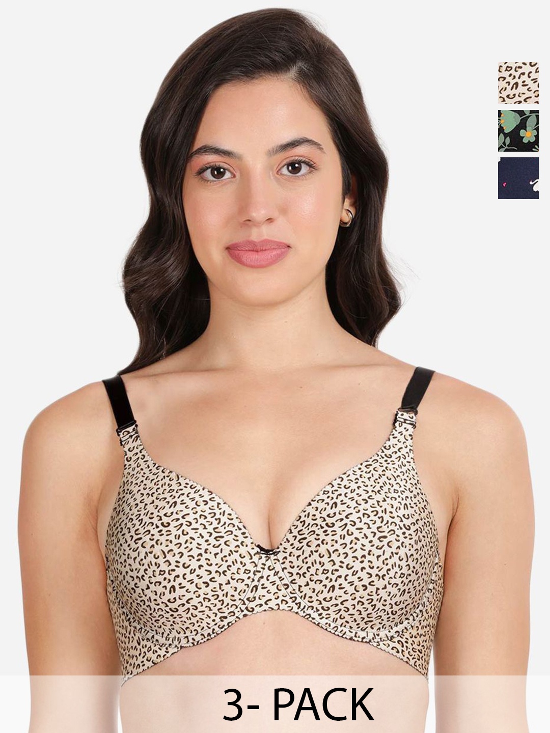 

shyaway Pack of 3 Women Floral Printed Medium Coverage Underwired Lightly Padded Bra, Blue