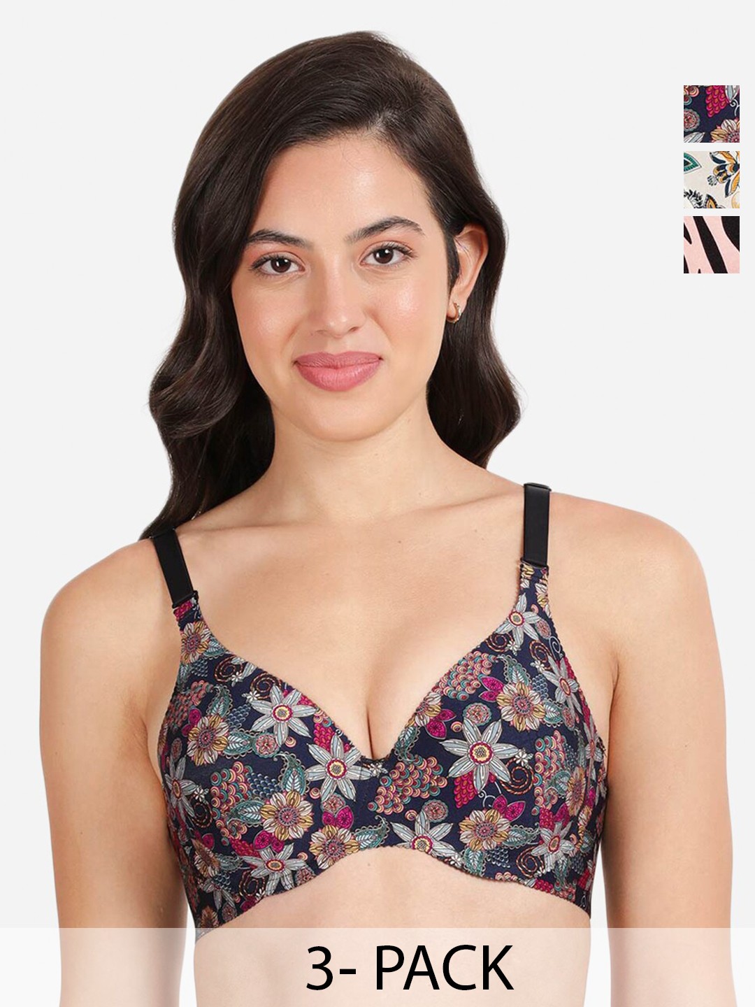 

shyaway Pack of 3 Women Floral Printed Medium Coverage Underwired Lightly Padded Bra, Black