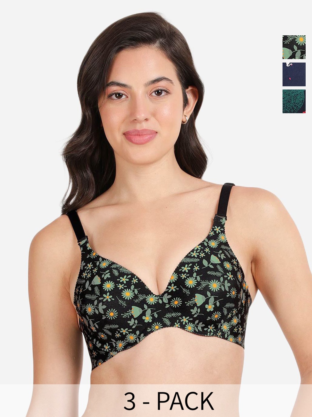 

shyaway Pack of 3 Women Floral Printed Medium Coverage Underwired Lightly Padded Bra, Black