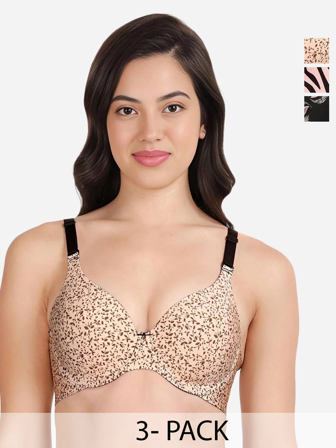 

shyaway Pack of 3 Women Floral Printed Medium Coverage Underwired Lightly Padded Bra, Brown