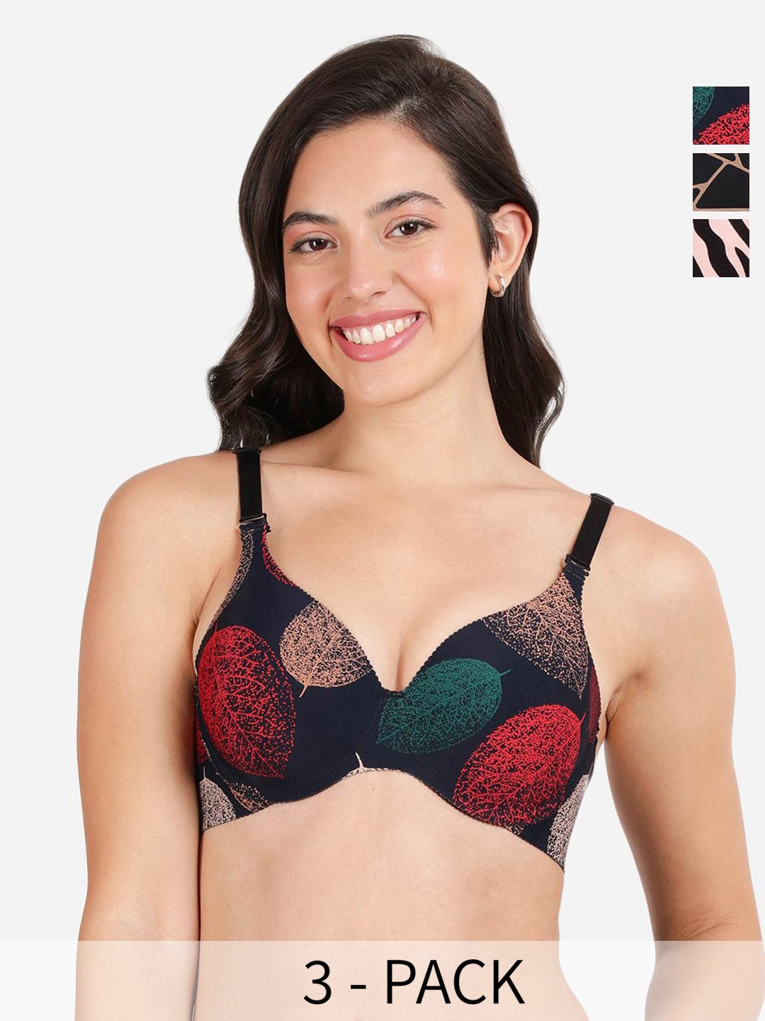 

shyaway Pack of 3 Women Geometric Printed Medium Coverage Underwired Lightly Padded Bra, Red