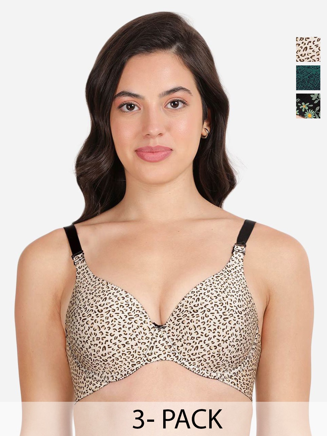 

shyaway Pack of 3 Women Floral Printed Medium Coverage Underwired Lightly Padded Bra, Beige