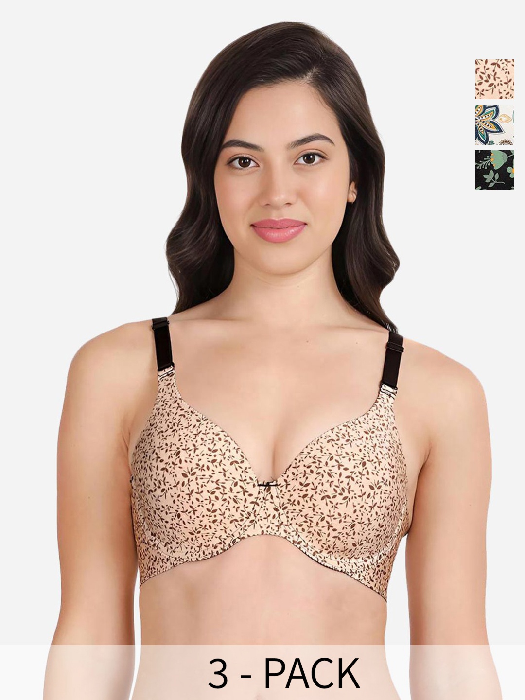 

shyaway Pack of 3 Women Floral Printed Medium Coverage Underwired Lightly Padded Bra, Black