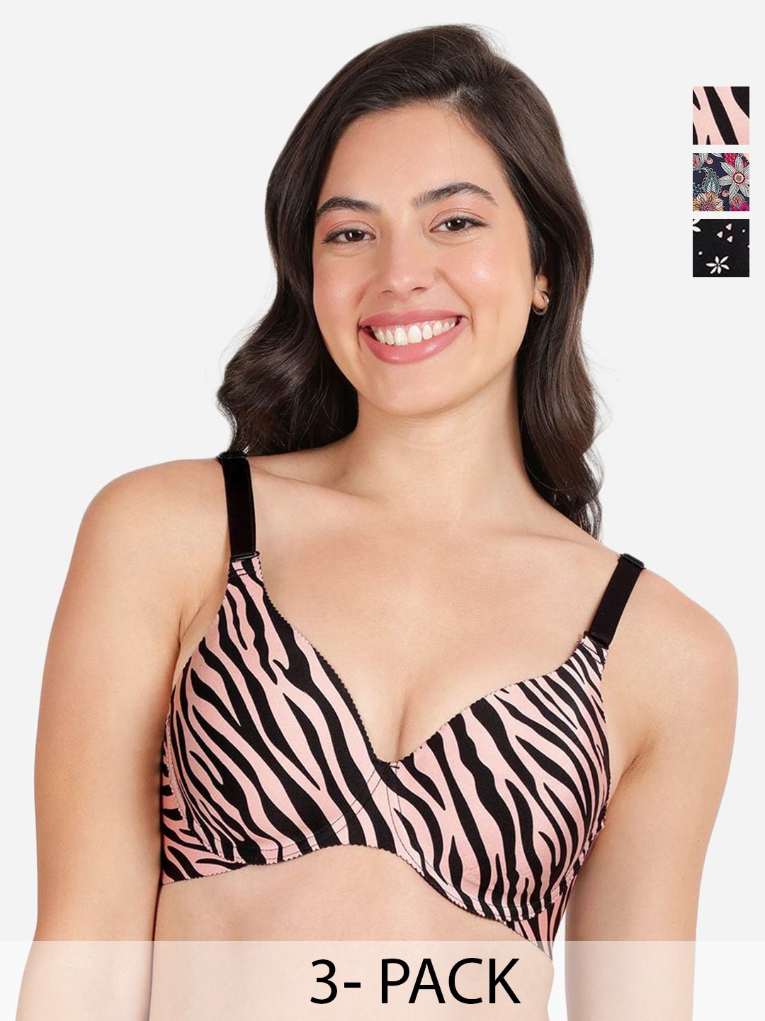 

shyaway Pack of 3 Women Floral Printed Medium Coverage Underwired Lightly Padded Bra, Black
