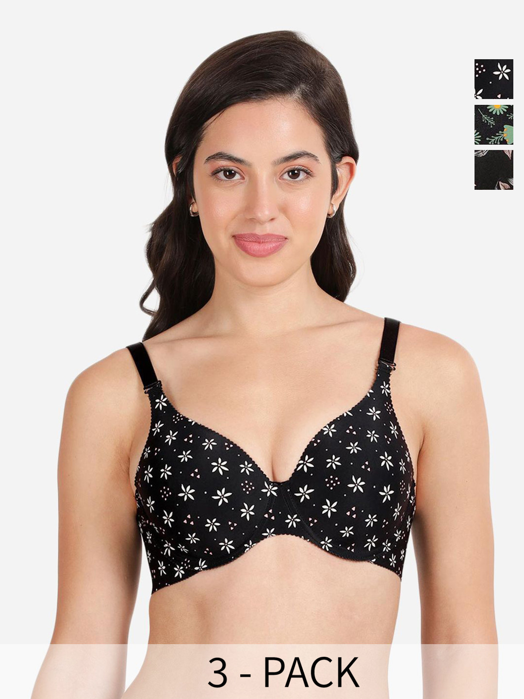 

shyaway Pack of 3 Women Floral Printed Medium Coverage Underwired Lightly Padded Bra, White