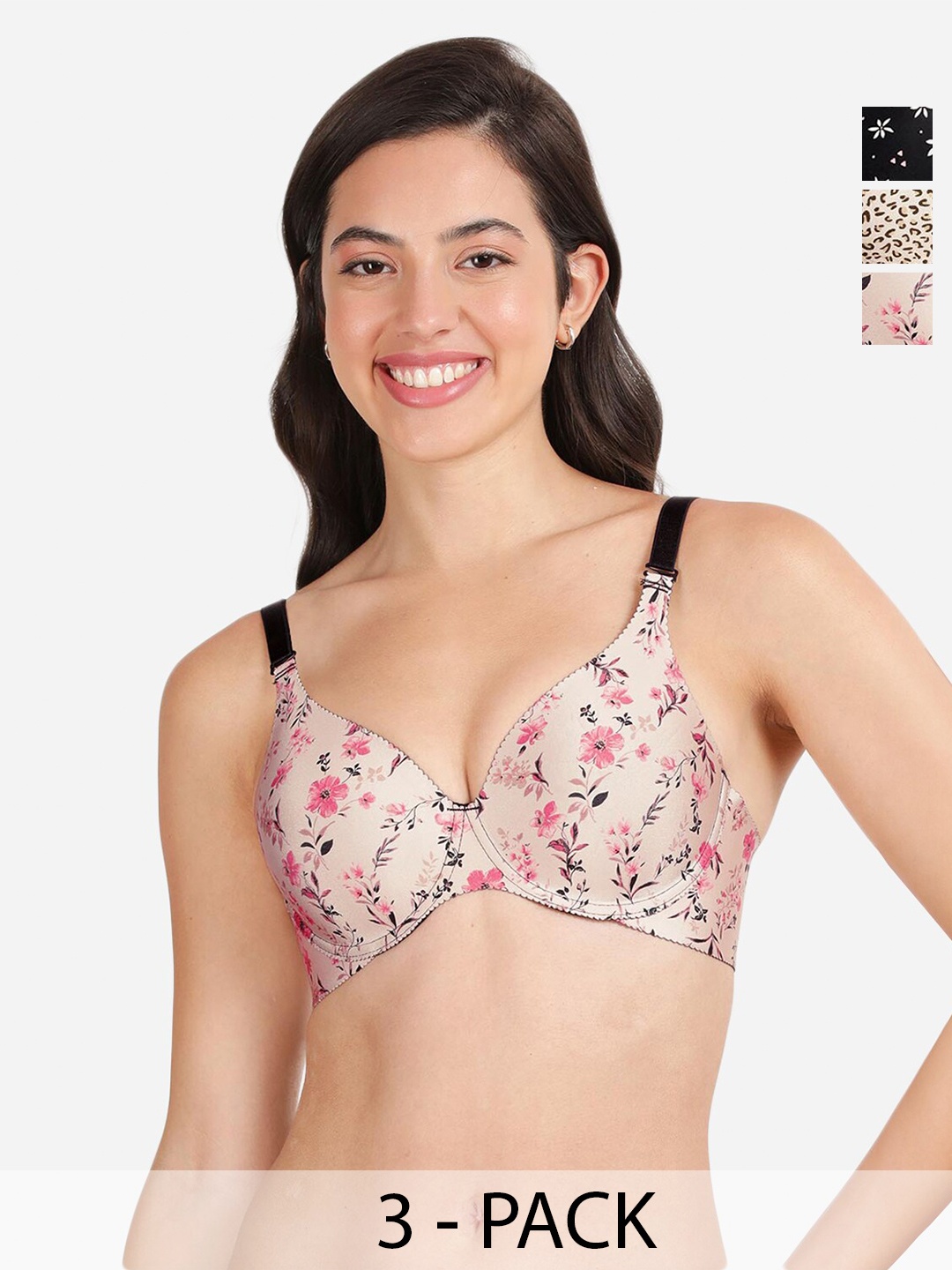 

shyaway Pack of 3 Women Floral Printed Medium Coverage Underwired Lightly Padded Bra, Black