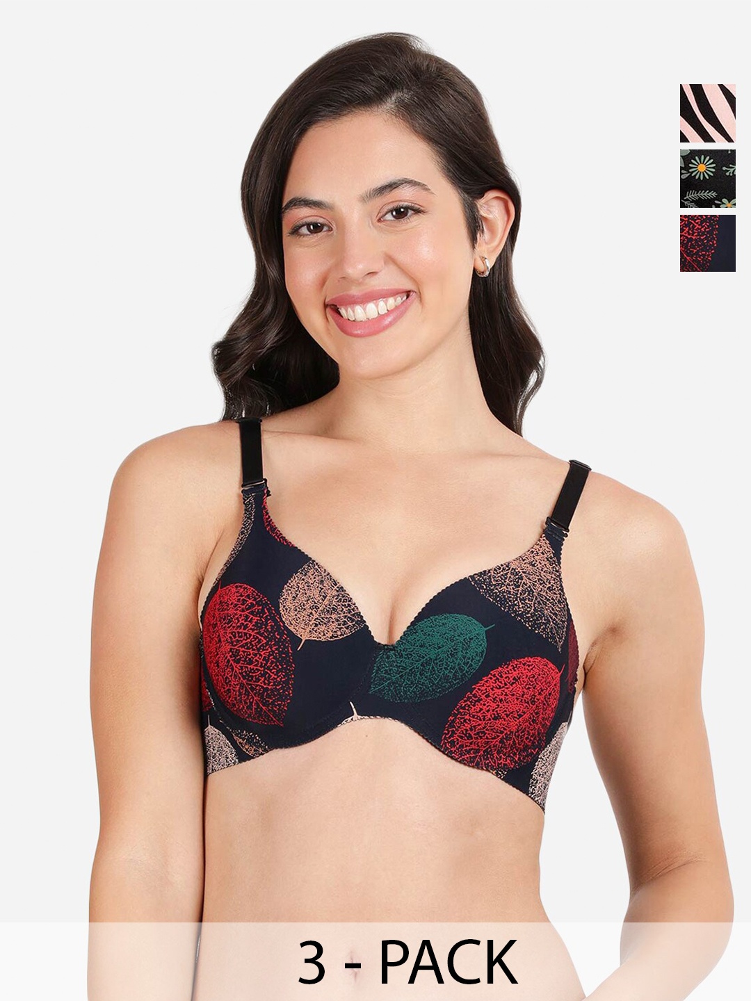 

shyaway Pack of 3 Women Floral Printed Medium Coverage Underwired Lightly Padded Bra, Red