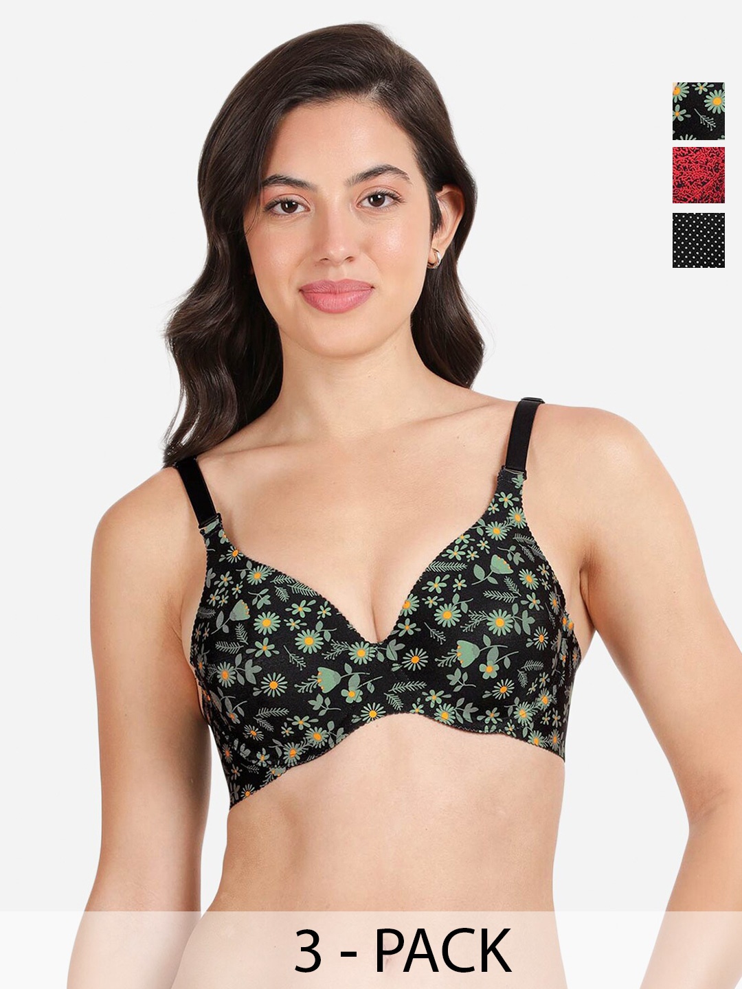 

shyaway Pack of 3 Women Floral Printed Medium Coverage Underwired Lightly Padded Bra, Black