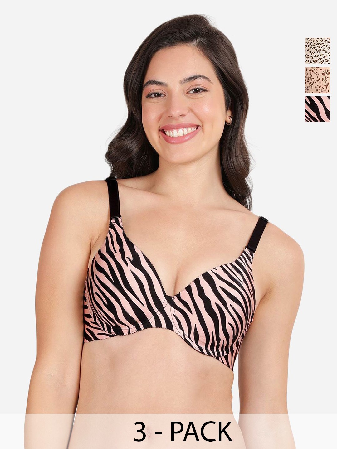 

shyaway Pack of 3 Women Animal Printed Medium Coverage Underwired Lightly Padded Bra, Brown