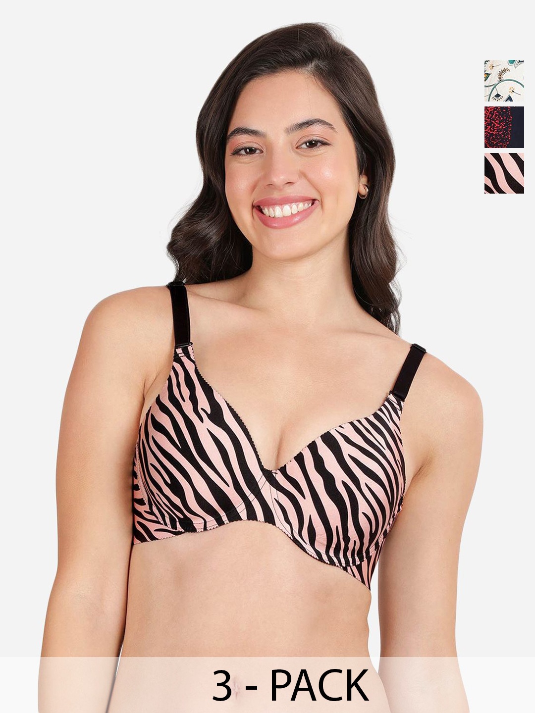 

shyaway Pack of 3 Women Animal Printed Medium Coverage Underwired Lightly Padded Bra, Pink