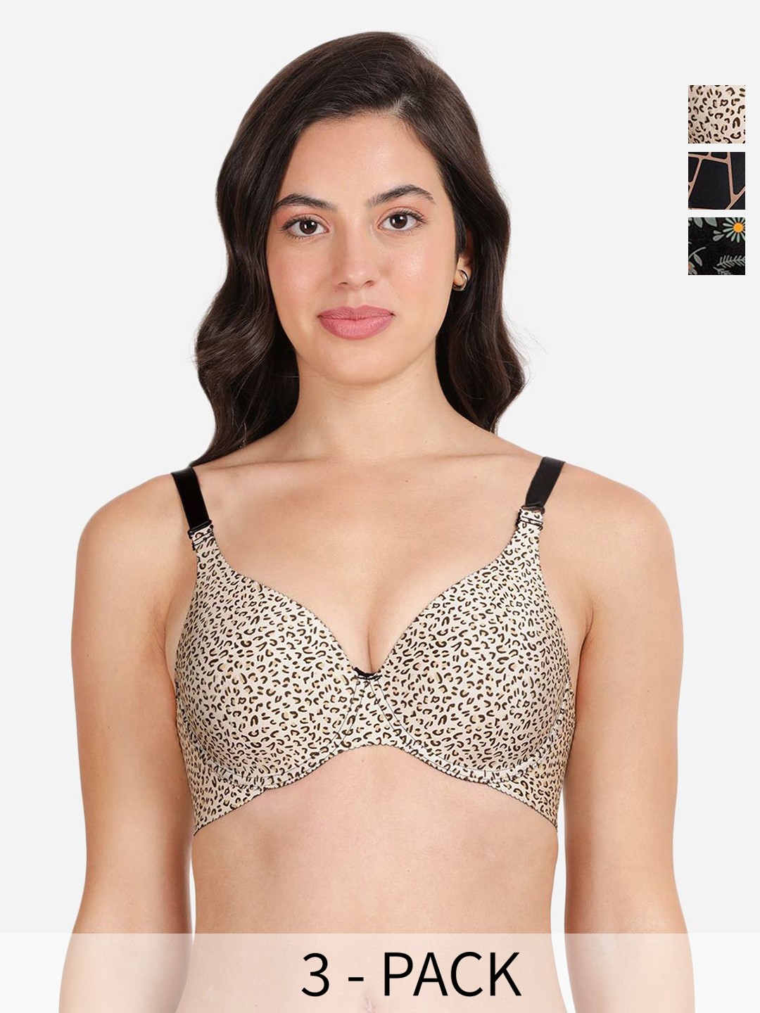 

shyaway Pack of 3 Women Geometric Printed Medium Coverage Underwired Lightly Padded Bra, Black