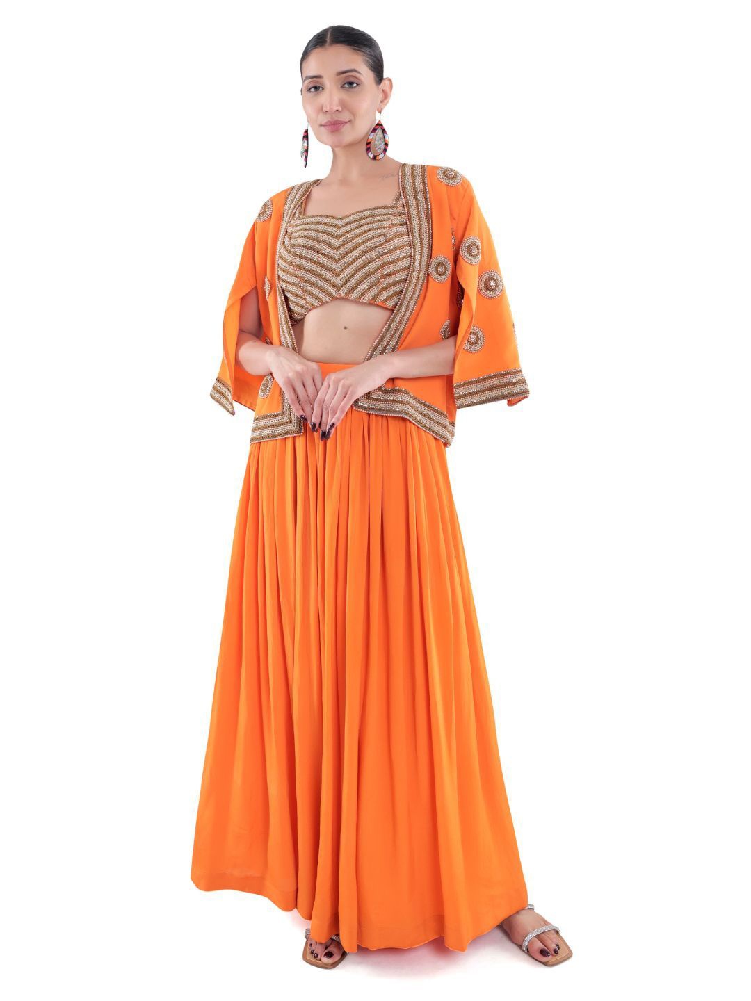 

JYO DAS Embroidered Beads and Stones Ready to Wear Lehenga & Blouse & Jacket set, Orange