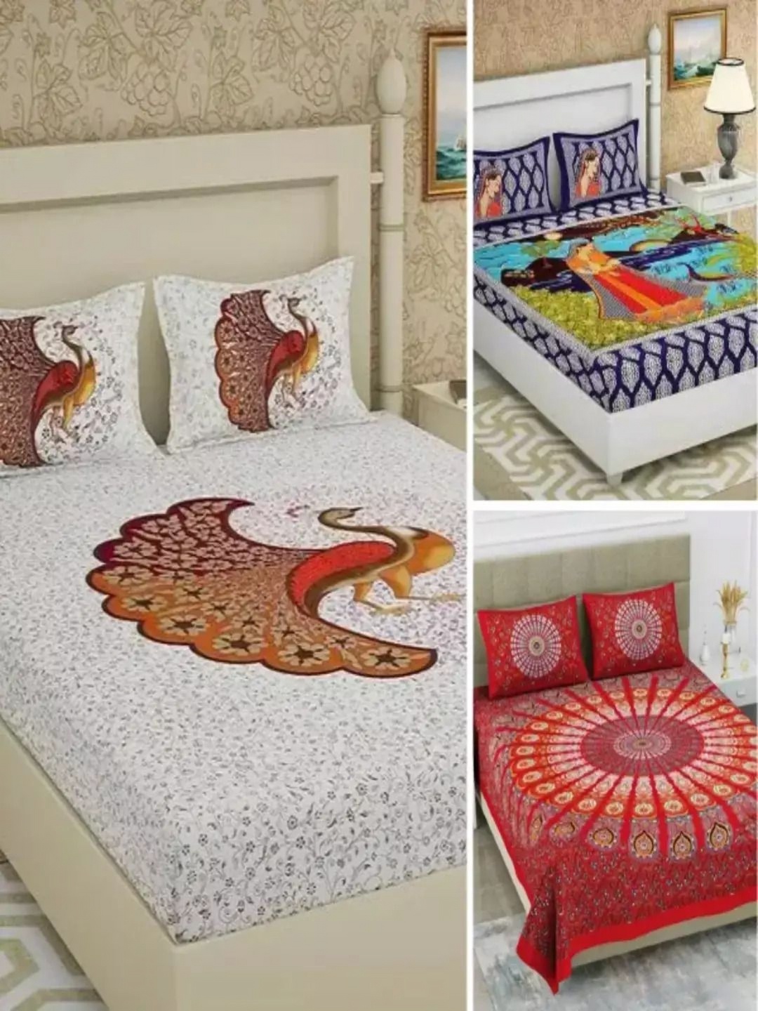 

Runjhun Red & White Ethnic Motifs 180 TC 3 Queen Bedsheet with Pillow Covers