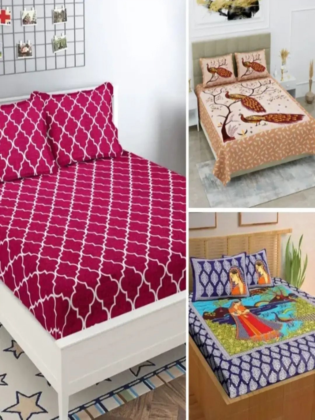 

Runjhun Beige & Blue Geometric 180 TC 3 Queen Bedsheet with Pillow Covers