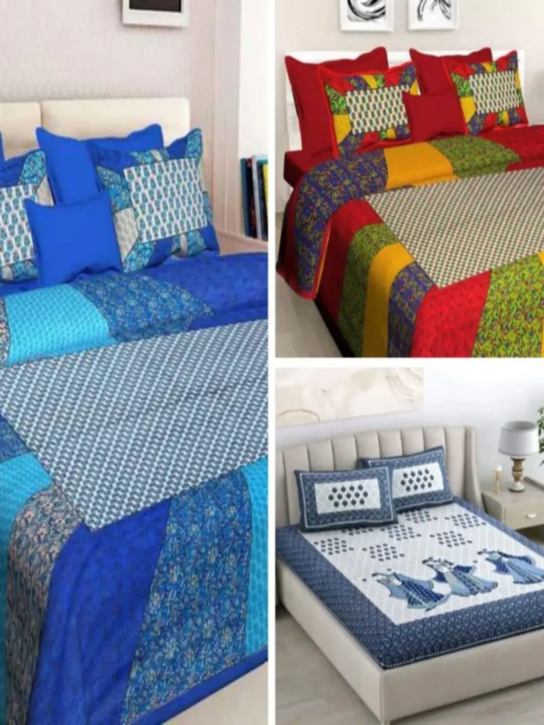 

Runjhun Red & Blue Ethnic Motifs 180 TC 3 Queen Bedsheet with Pillow Covers