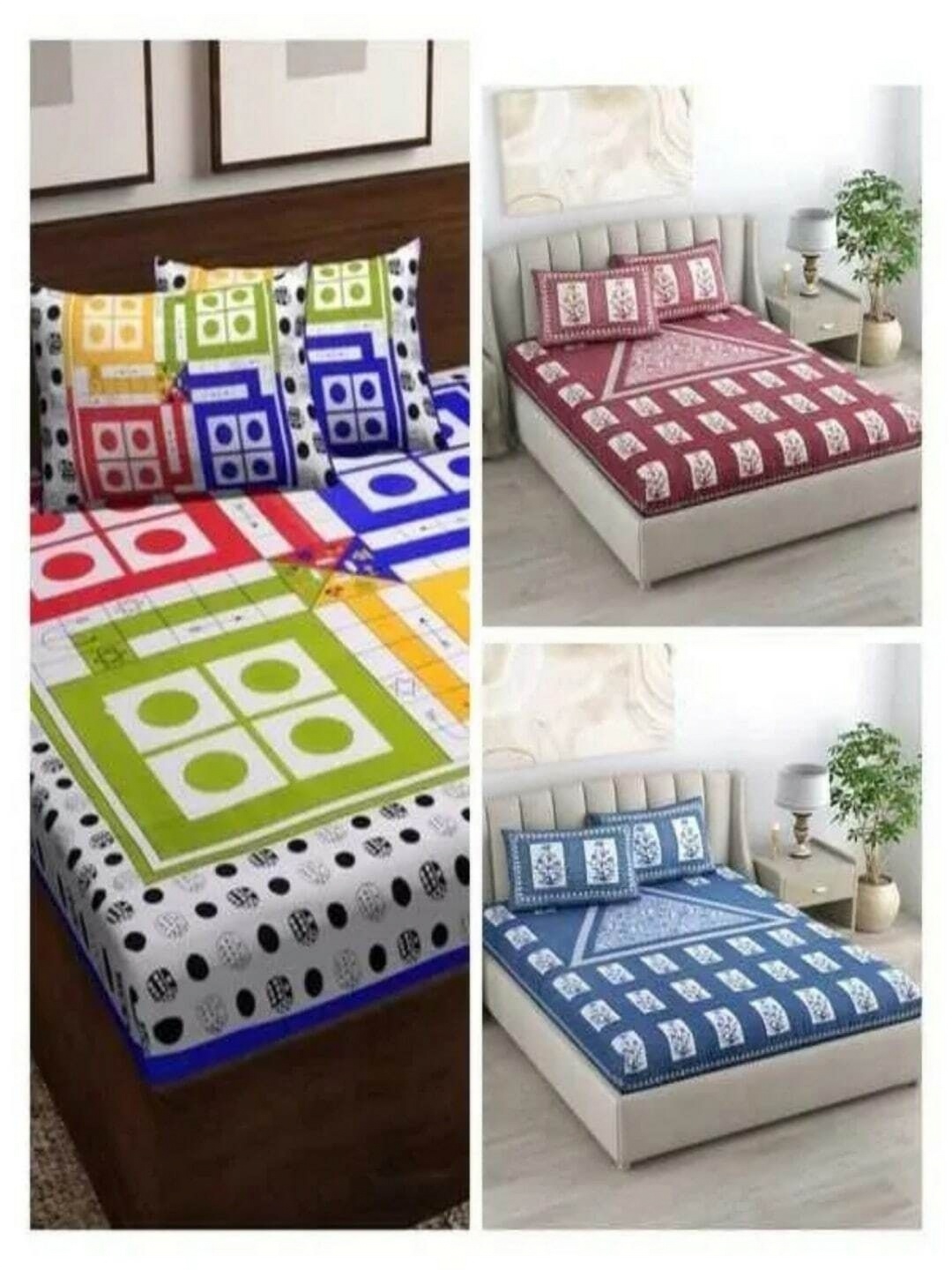 

Runjhun Blue & Green Geometric 180 TC 3 Queen Bedsheet with Pillow Covers