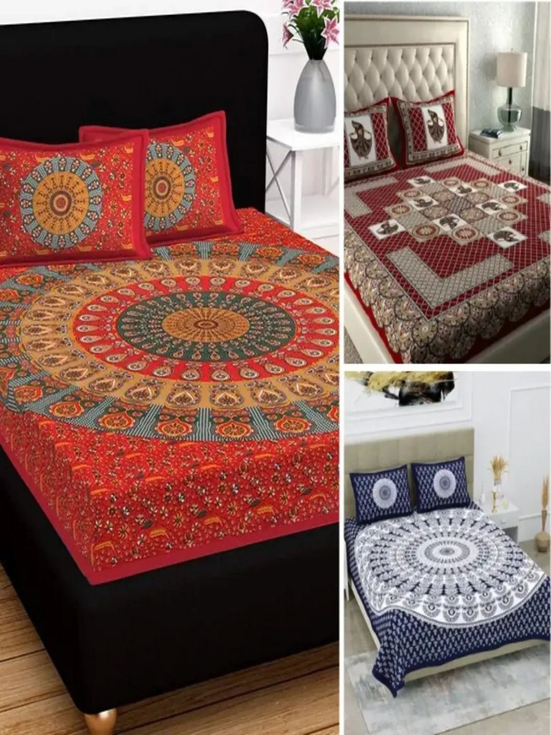 

Runjhun Red & White Ethnic Motifs 180 TC 3 Queen Bedsheet with Pillow Covers