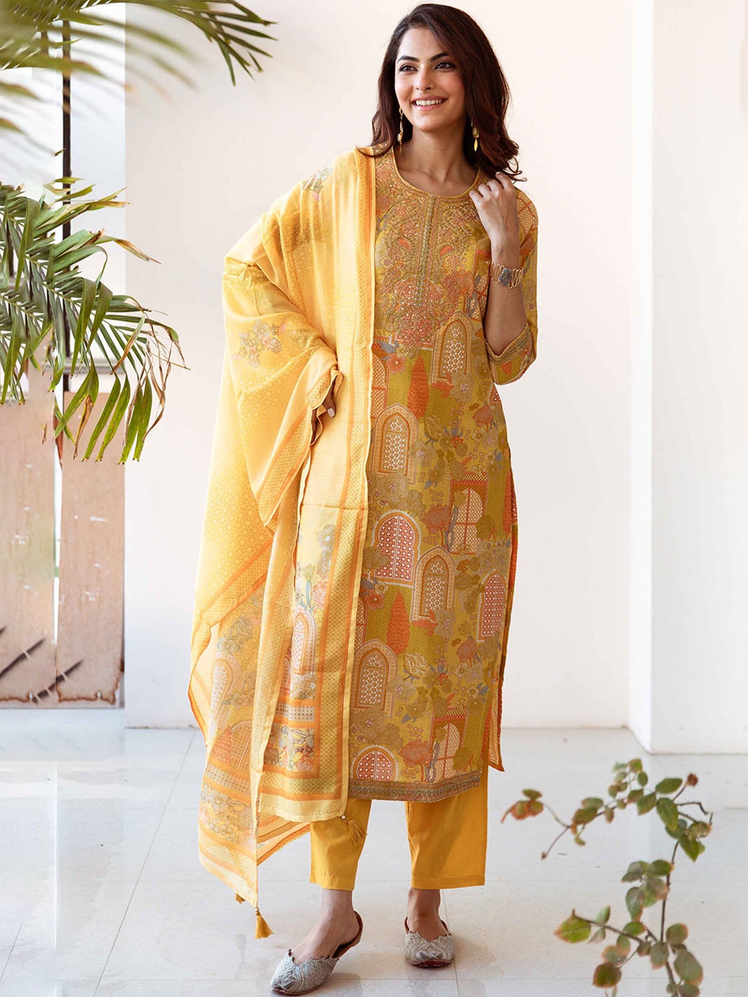 

KALINI Women Floral Printed Regular Pure Cotton Kurta with Trousers & With Dupatta, Yellow