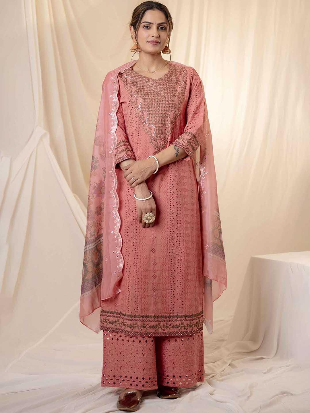 

KALINI Women Sequinned Embroidered Self Design Pure Cotton Kurta with Palazzos & Dupatta, Pink