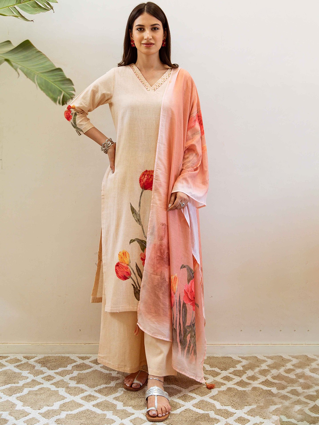 

KALINI Women Floral Printed Regular Linen Kurta with Palazzos & With Dupatta, Beige
