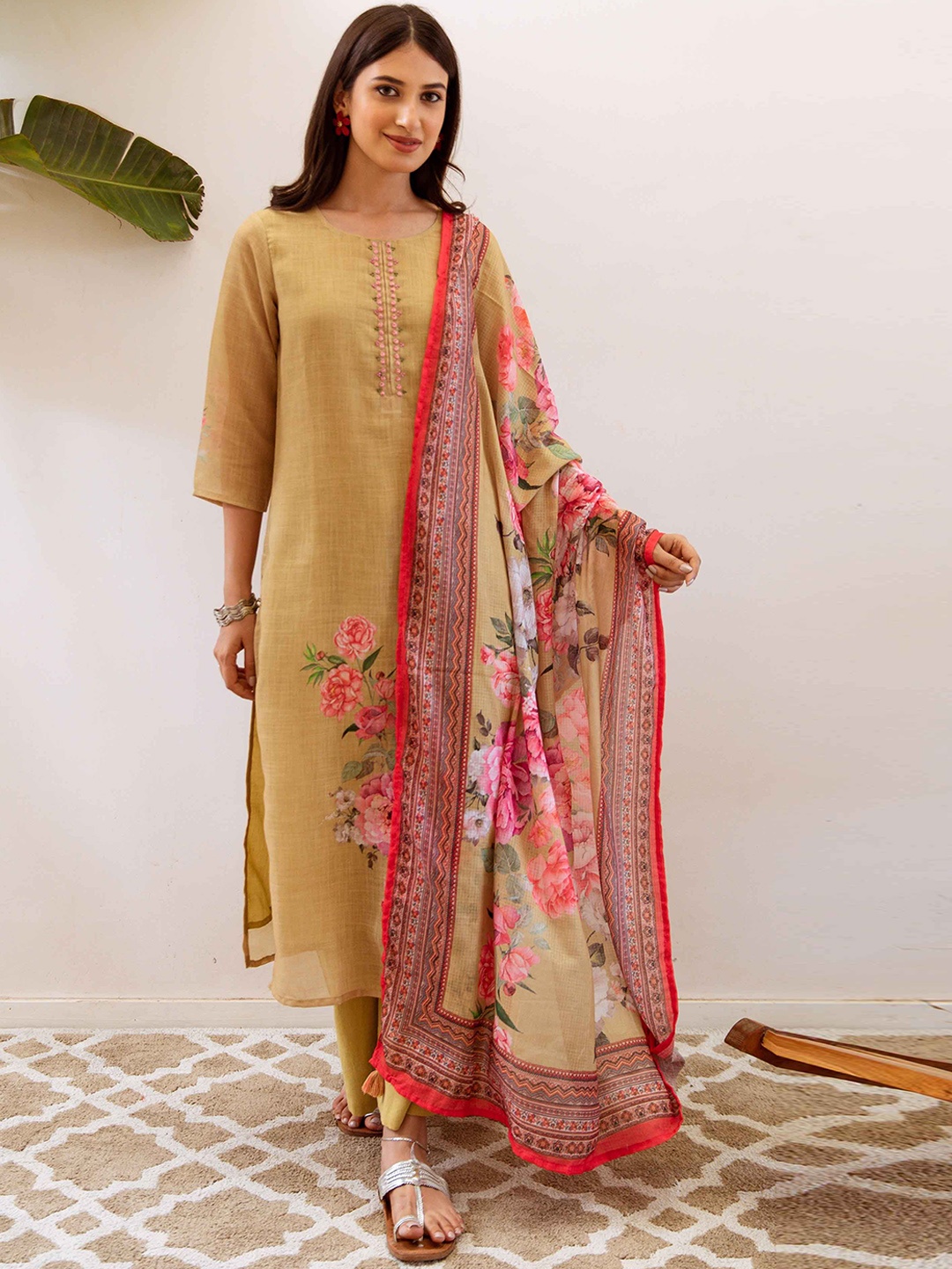 

KALINI Women Floral Printed Regular Linen Kurta with Palazzos & With Dupatta, Green