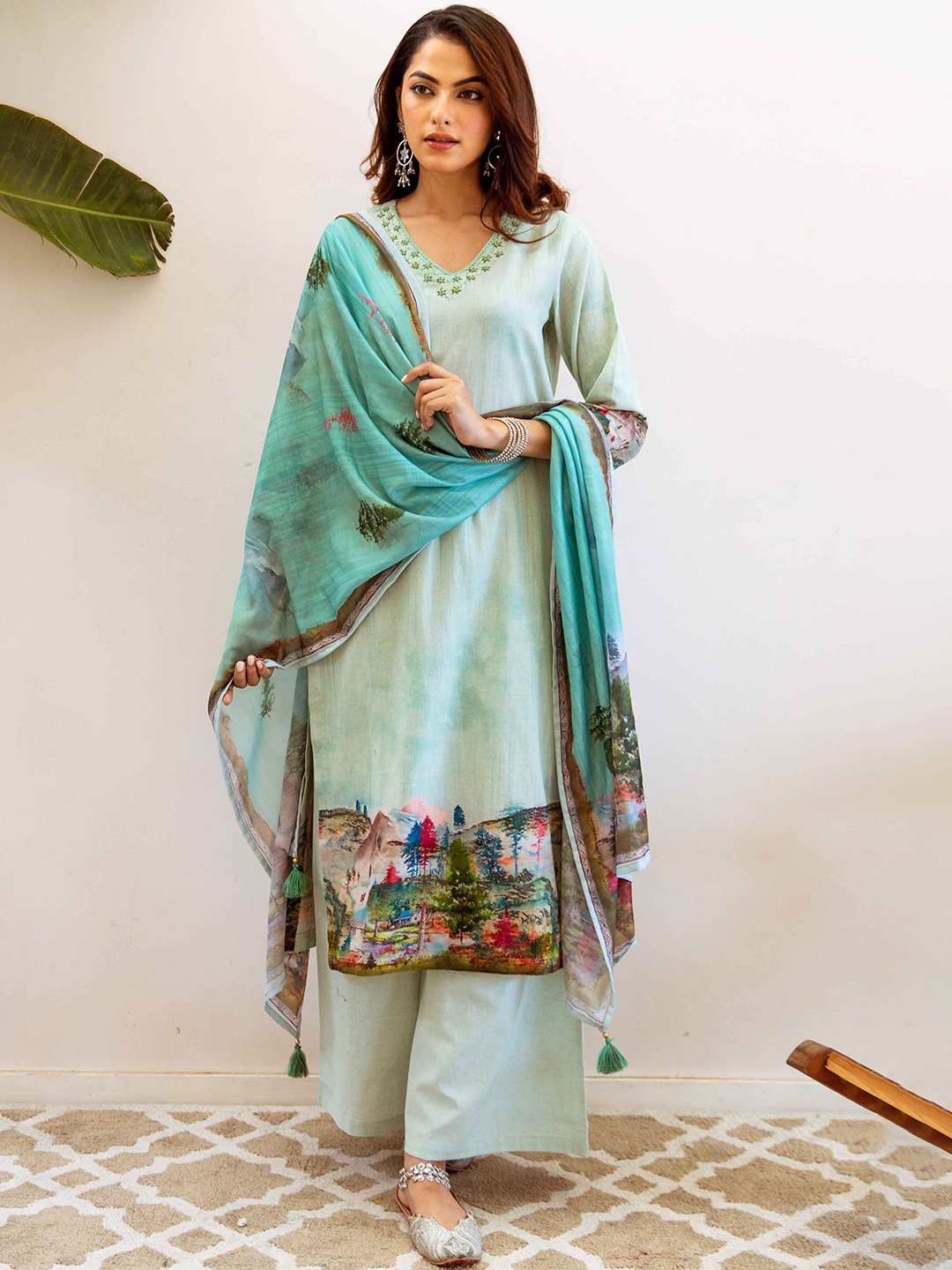 

KALINI Women Ethnic Motifs Printed Regular Linen Kurta with Palazzos & With Dupatta, Sea green