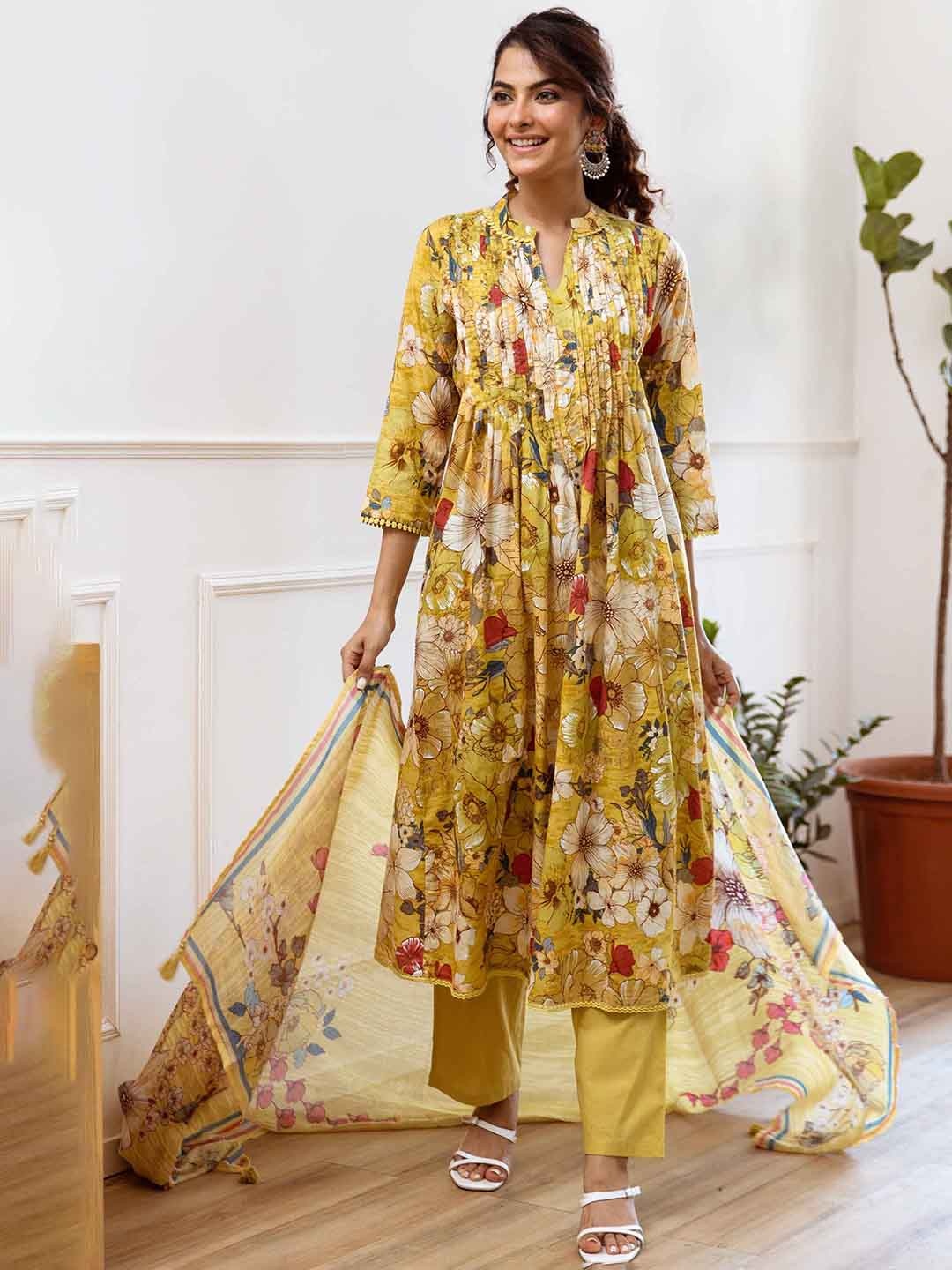 

KALINI Women Floral Printed Sequinned Pure Cotton Kurta with Trousers & With Dupatta, Yellow