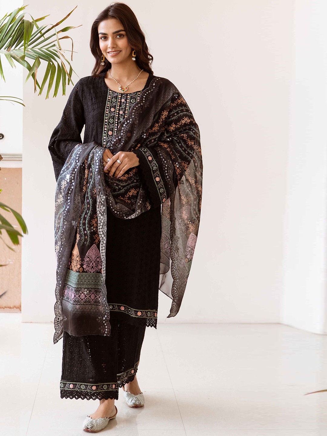 

KALINI Women Embroidered Mirror Work Pure Cotton Kurta with Palazzos & With Dupatta, Black