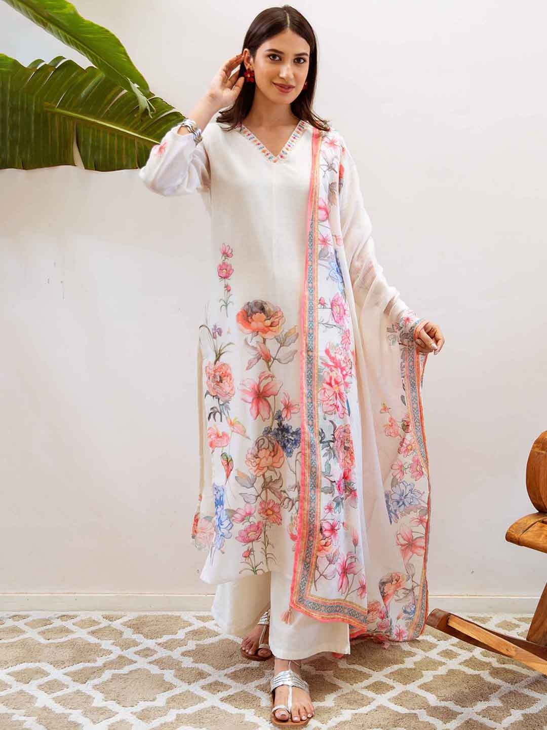 

KALINI Women Floral Printed Regular Sequinned Linen Kurta with Palazzos & With Dupatta, Cream