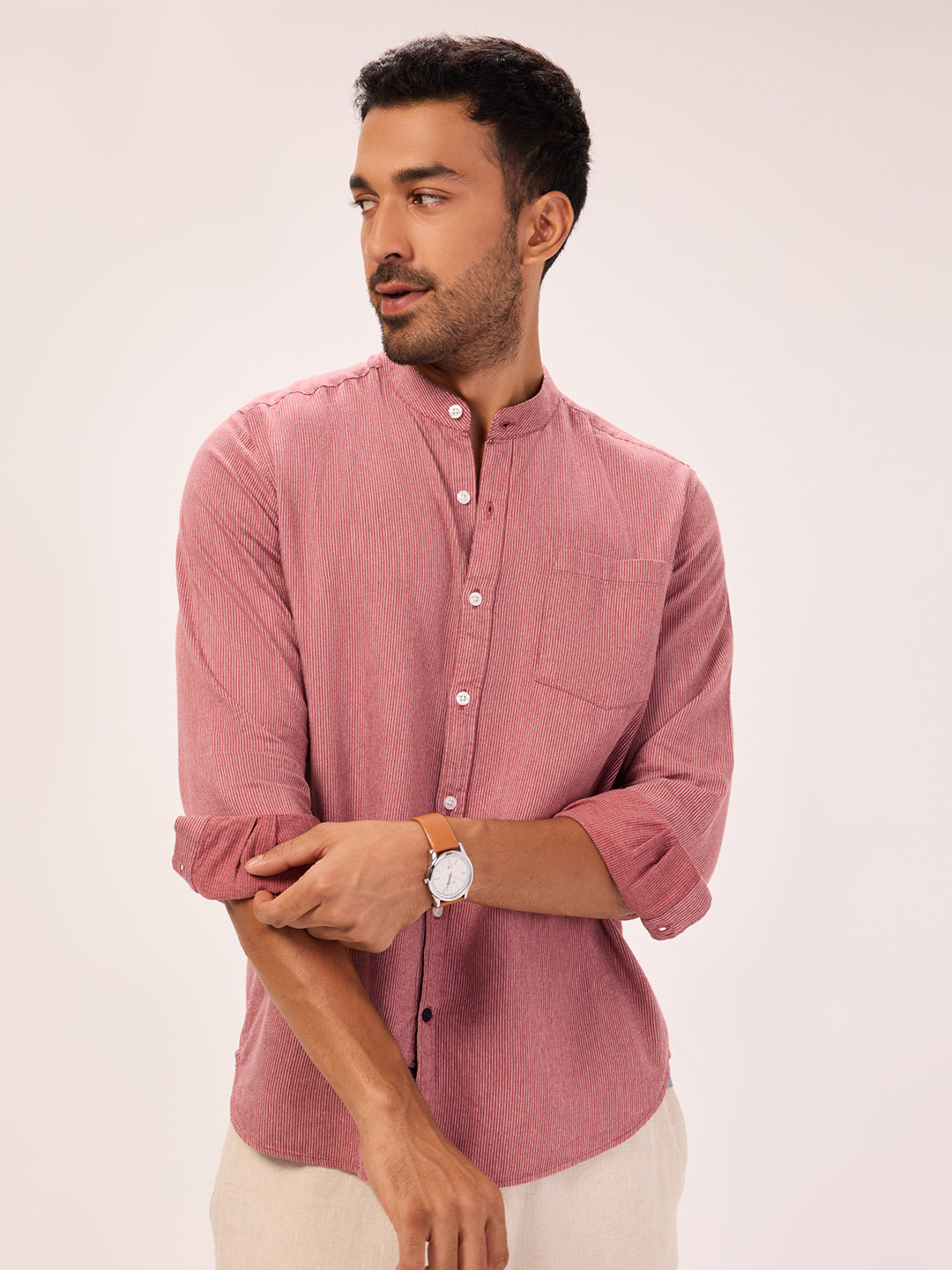 

Bombay High Men Comfort Regular Fit Mandarin Collar Striped Opaque Semiformal Shirt, Maroon