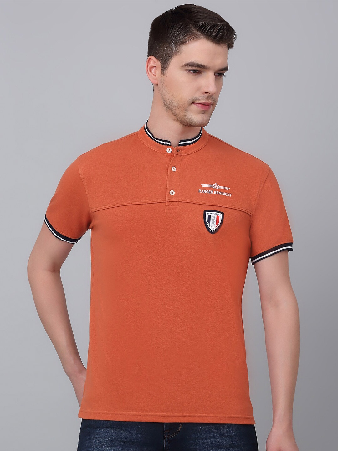 

Cantabil Men Mandarin Collar Typography Printed Applique T-shirt, Orange