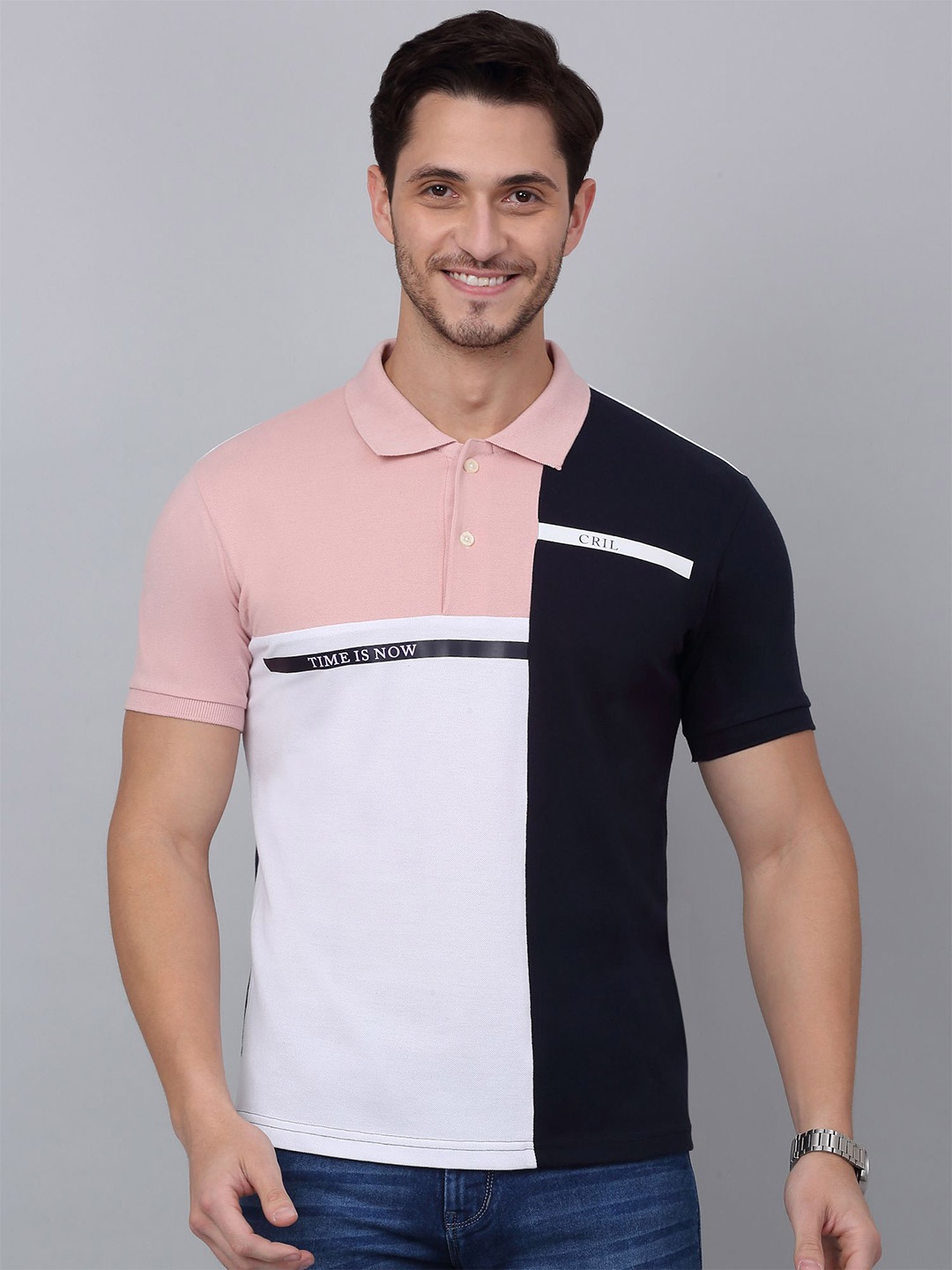 

Cantabil Men Colourblocked Polo Collar T-shirt, Navy blue