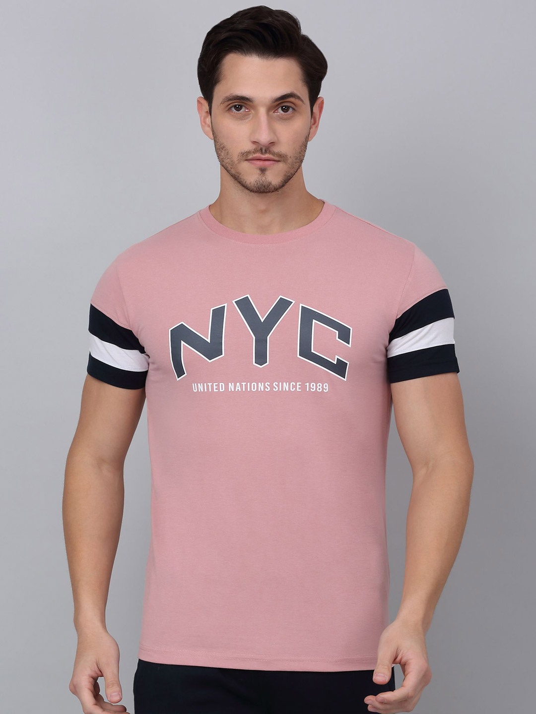 

Cantabil Men Typography Printed Round Neck Applique T-shirt, Pink
