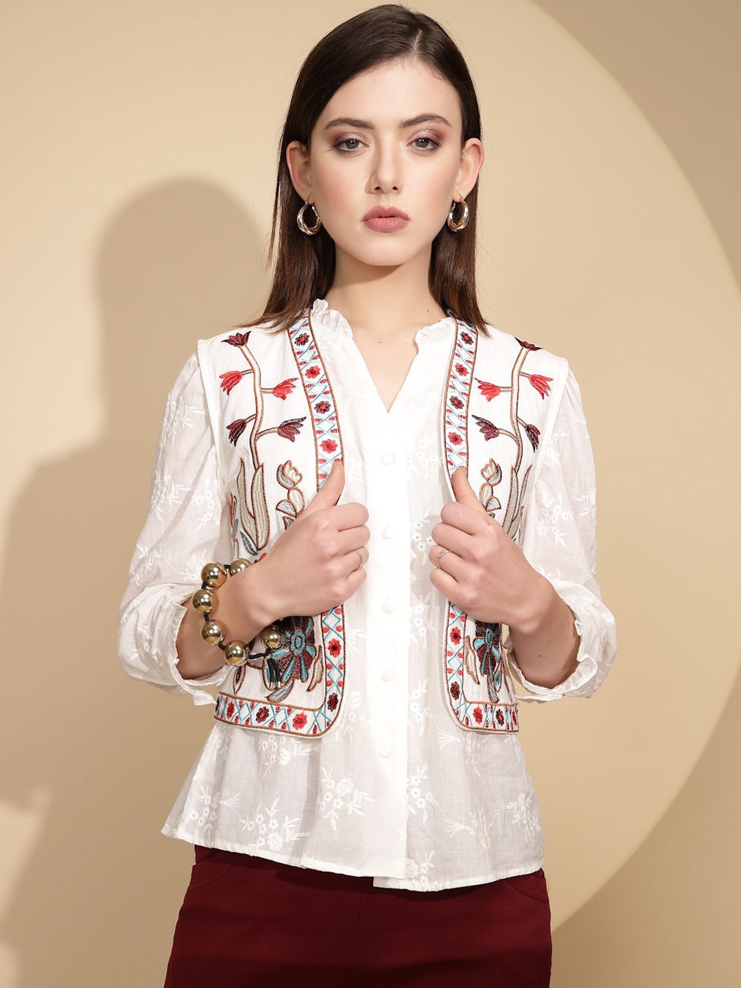 

Global Republic Women Cotton White Woven Embellished Waistcoat