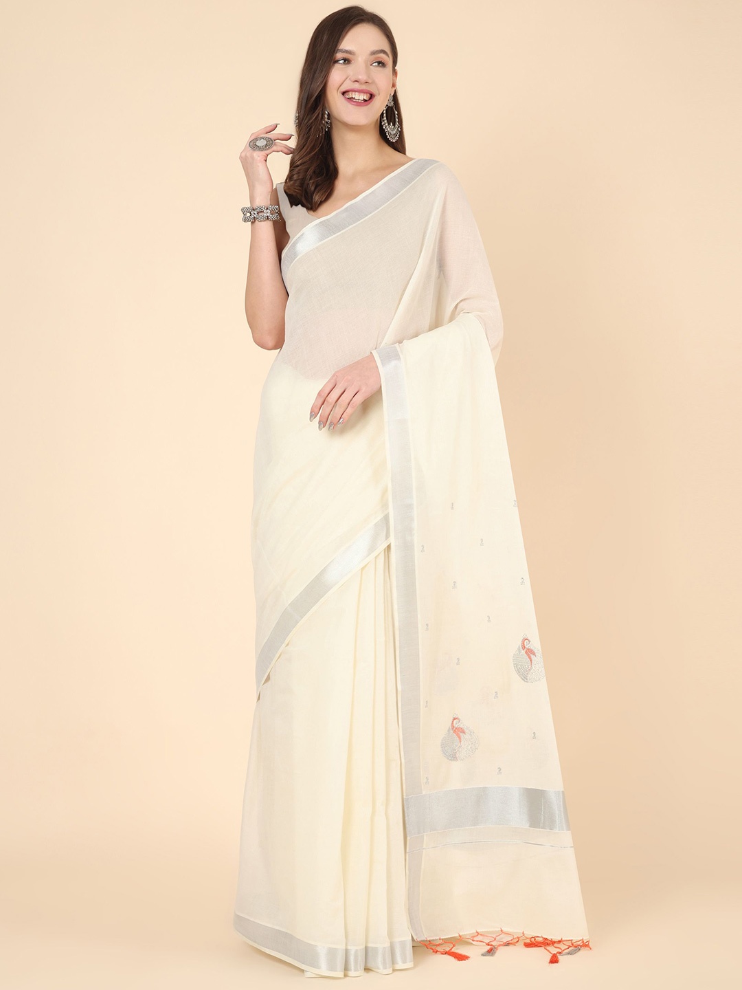 

Manvish Drapes Zari Pure Cotton Kasavu Saree, Off white