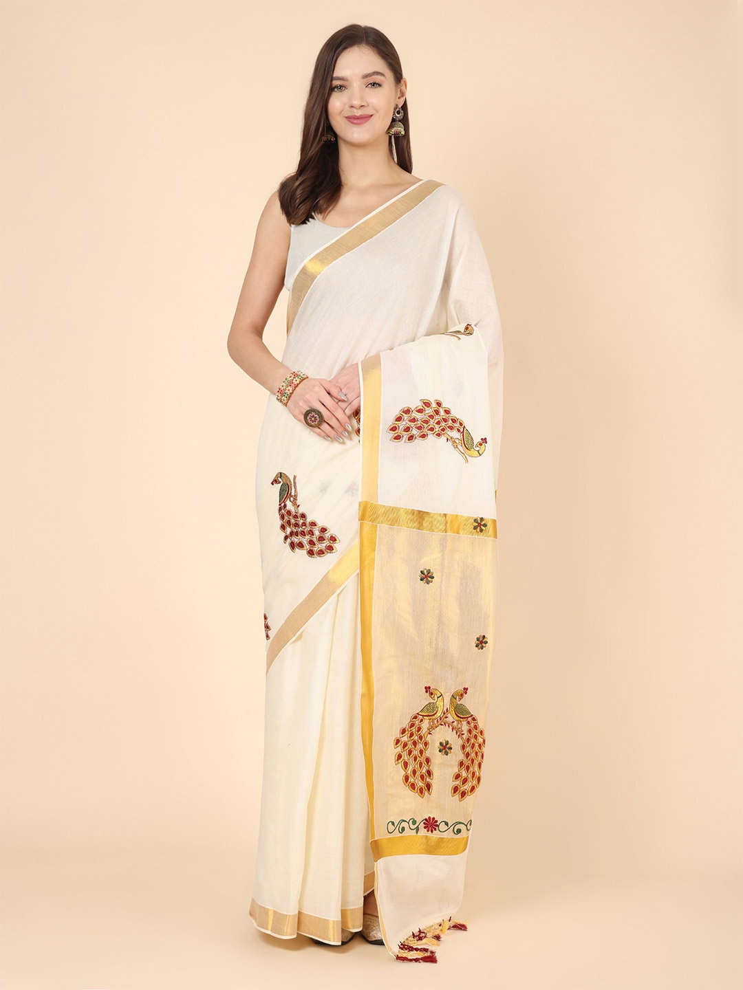 

Manvish Drapes Ethnic Motifs Jaali Pure Cotton Kasavu Saree, Off white