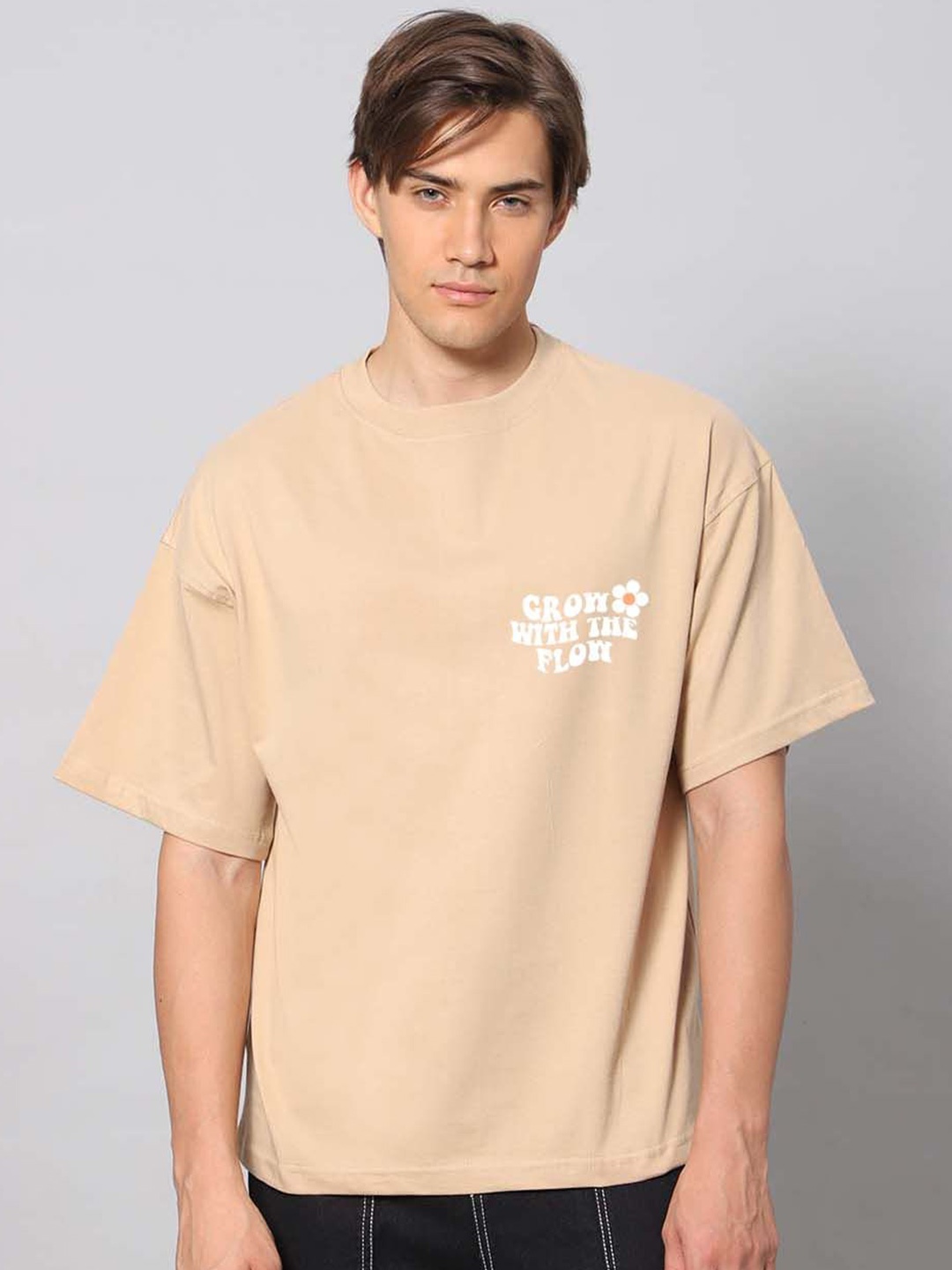 

Besick Men Round Neck Typography Printed Oversized T-shirts, Beige