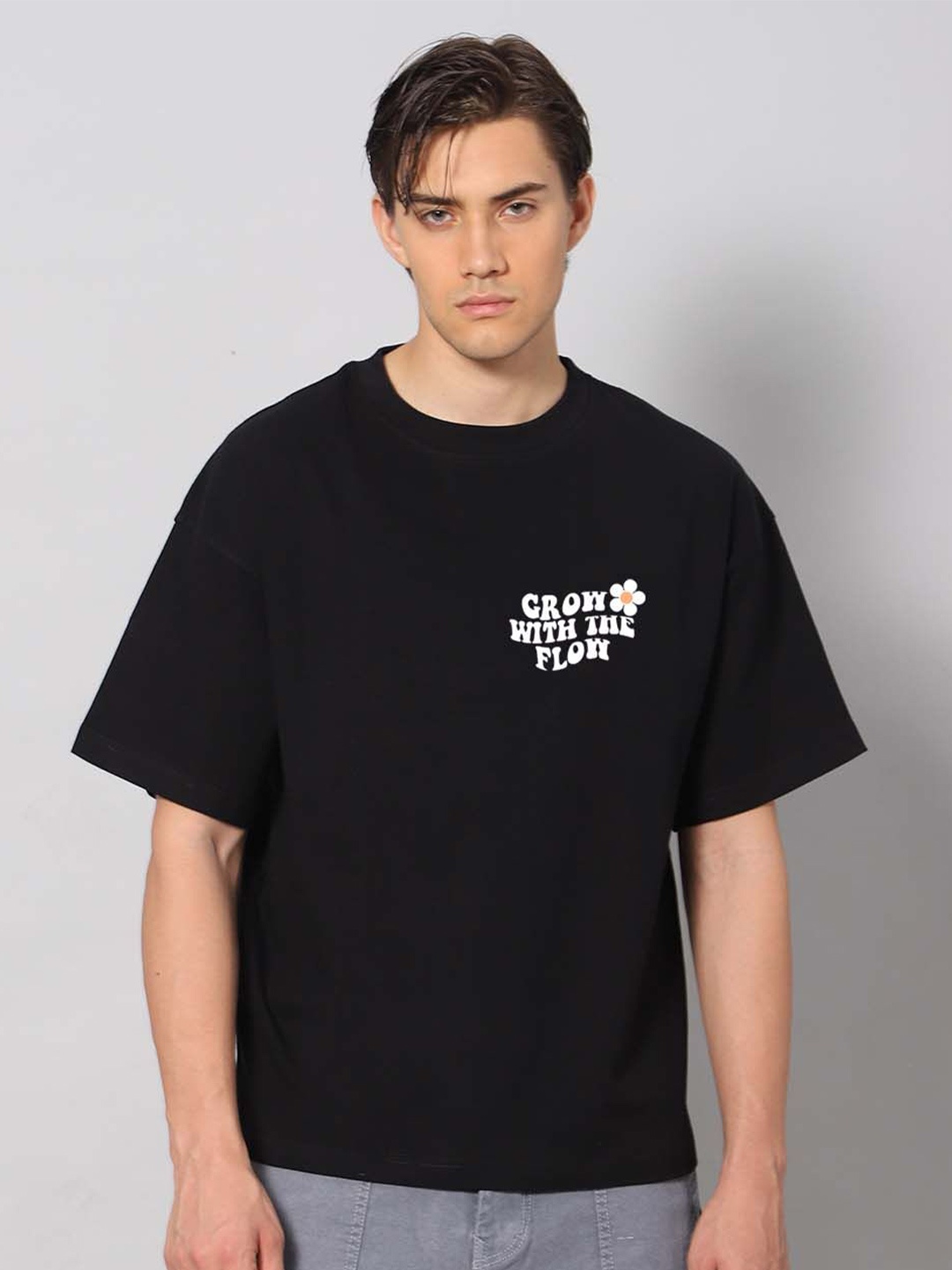 

Besick Men Round Neck Typography Printed Oversized T-shirt, Black