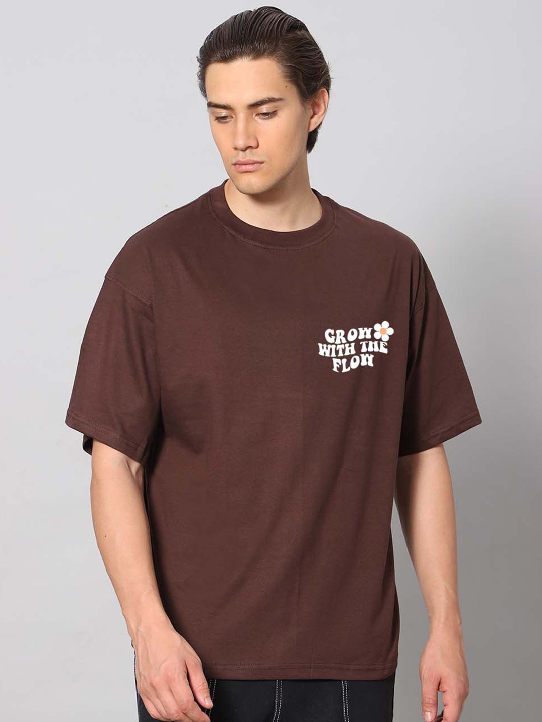 

Besick Round Neck Typography Printed Oversized T-shirts, Brown