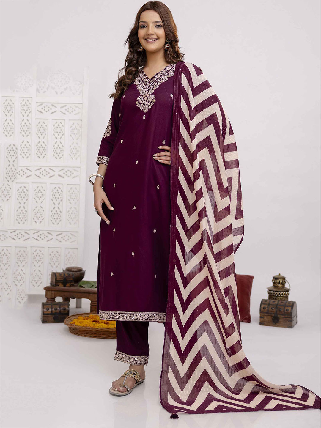 

Nehamta Women Embroidered Regular Sequinned Kurta with Trousers & With Dupatta, Purple
