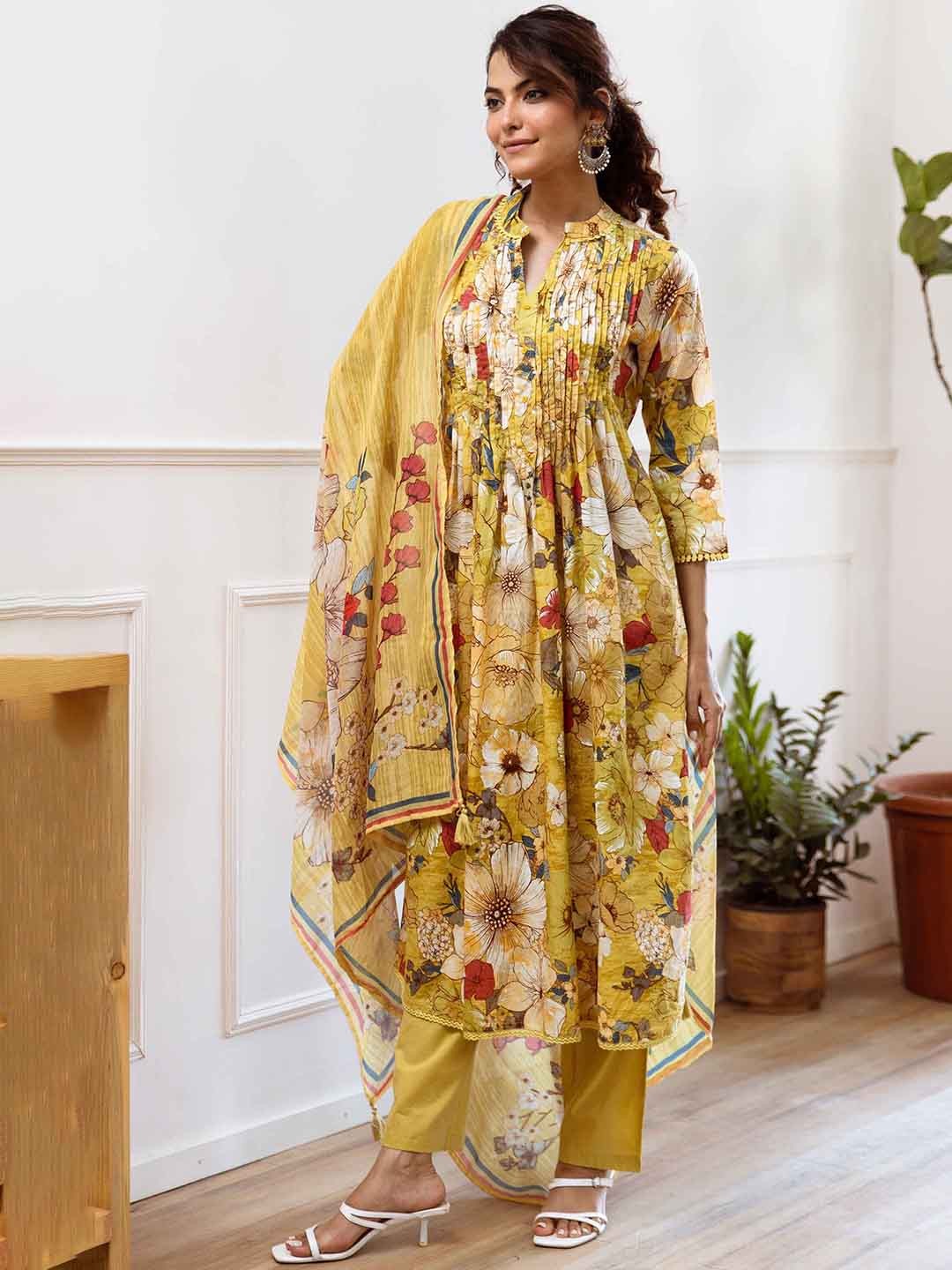 

Nehamta Women Floral Printed Regular Sequinned Pure Cotton Kurta with Trousers Dupatta, Yellow