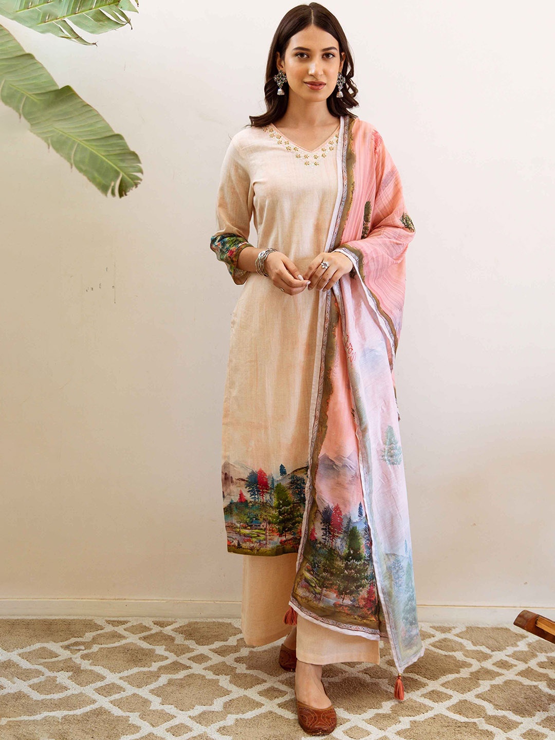 

Nehamta Women Ethnic Motifs Printed Sequinned Linen Kurta with Palazzos & Dupatta, Beige