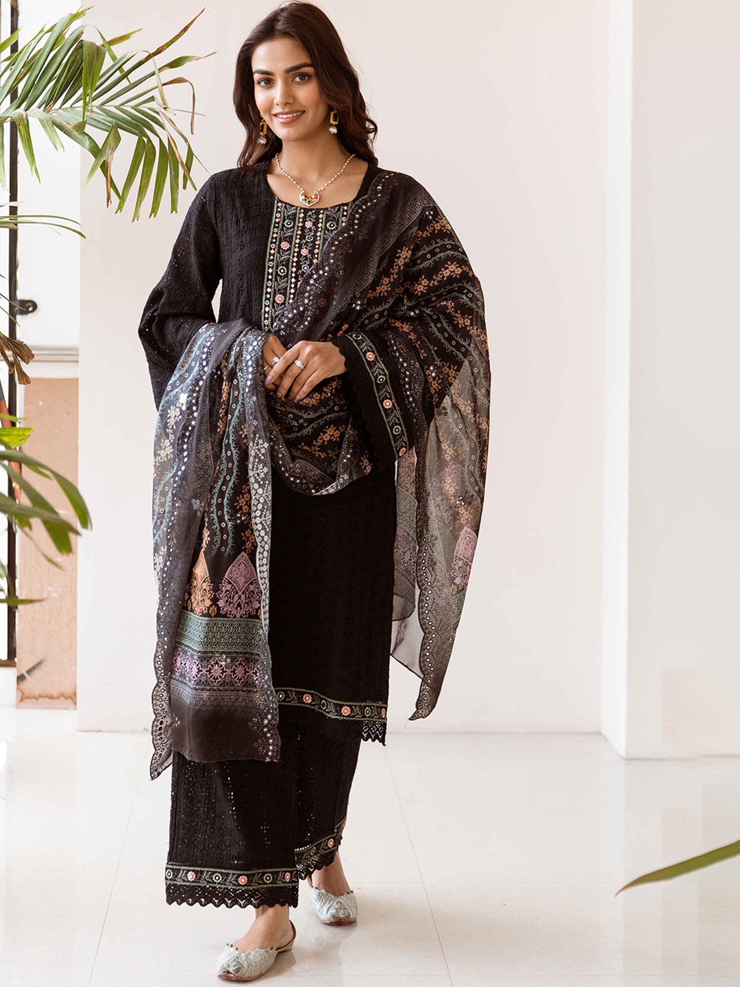 

Nehamta Women Embroidered Mirror Work Pure Cotton Kurta with Palazzos & With Dupatta, Black