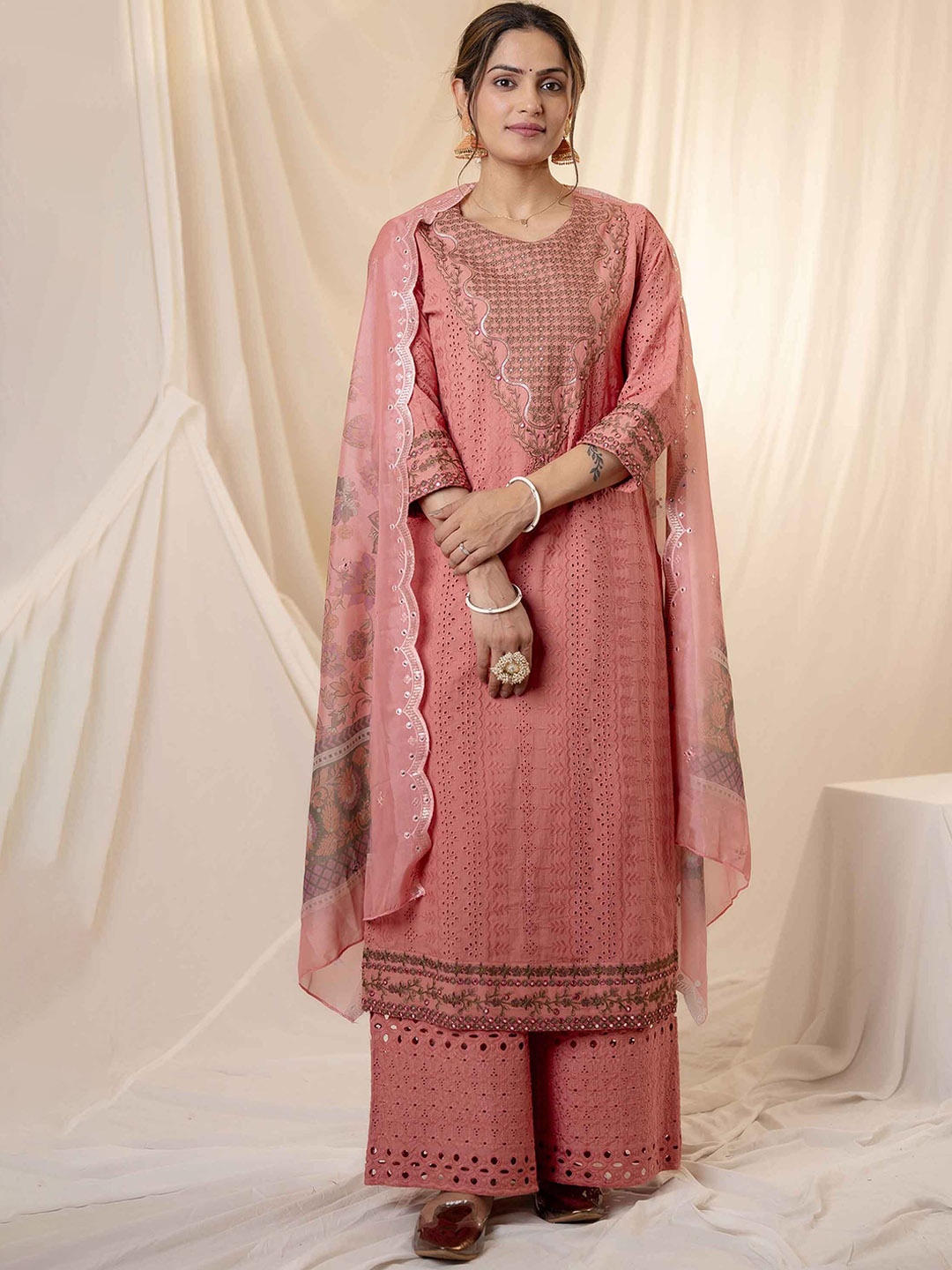 

Nehamta Women Floral Embroidered Mirror Work Pure Cotton Kurta with Palazzos & Dupatta, Pink