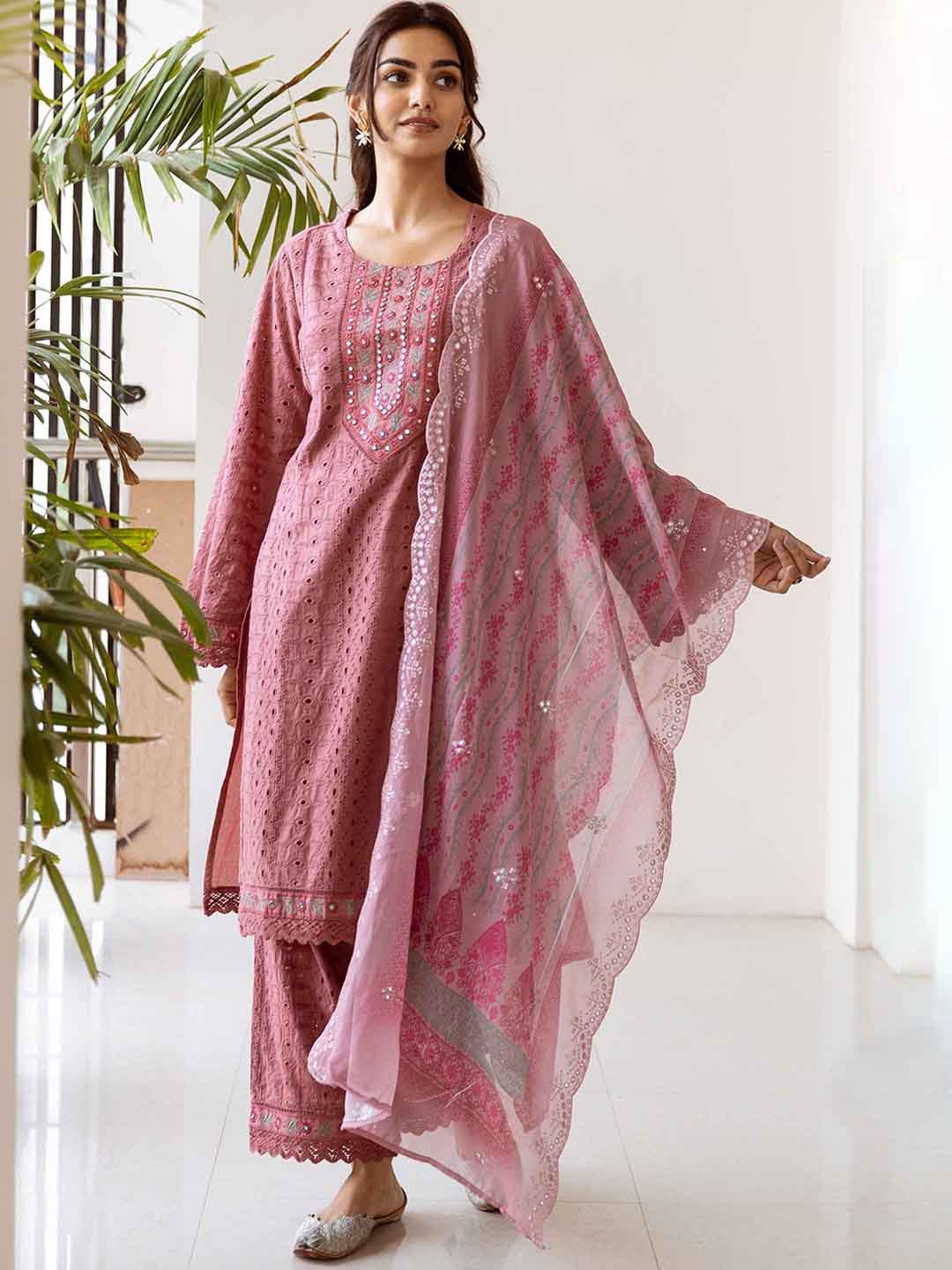 

Nehamta Women Embroidered Mirror Work Pure Cotton Kurta with Palazzos & With Dupatta, Pink