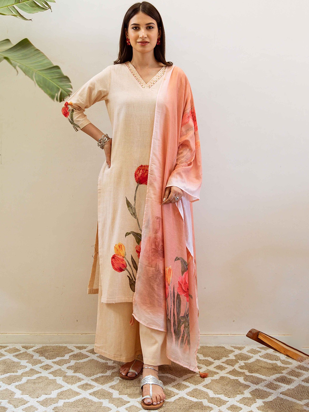 

Nehamta Women Floral Printed Regular Linen Kurta with Palazzos & Dupatta, Beige