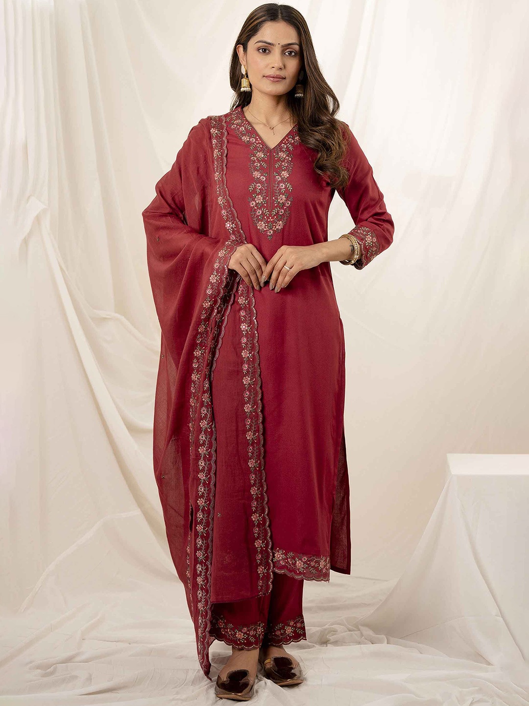 

Nehamta Floral Embroidered Thread Work Kurta with Trouser & Dupatta, Maroon